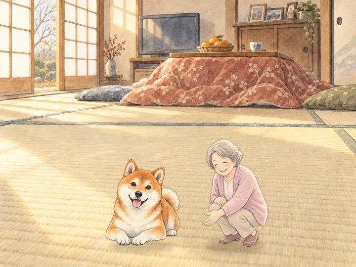 こたつのある和室で、柴犬が伏せ、おばあちゃんがそばにしゃがんでいる水彩の絵