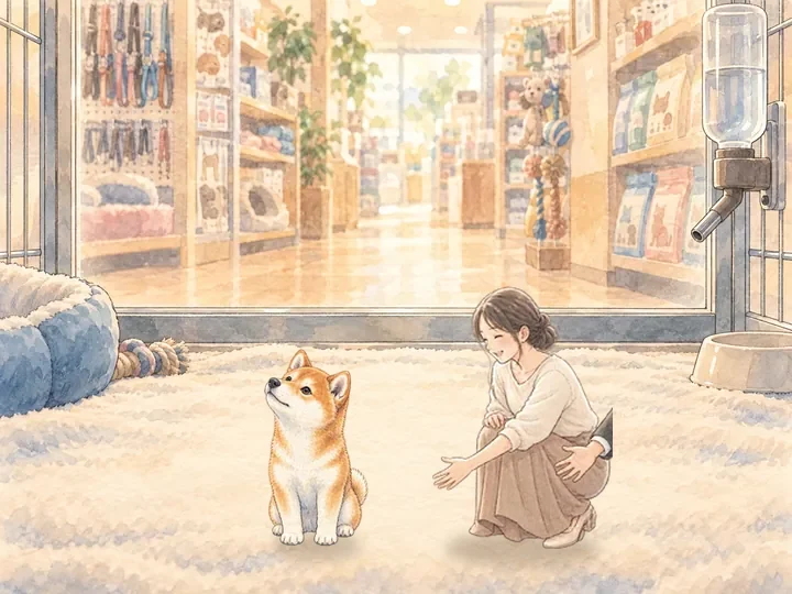 ペットショップで、子犬が見上げ、女の人がしゃがんでのぞきこんでいる水彩の絵