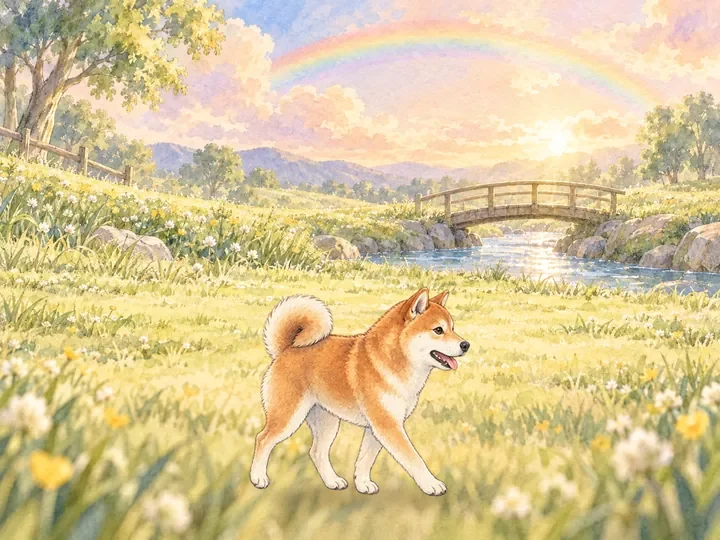 虹のかかる野原を、柴犬が歩いていく水彩の絵