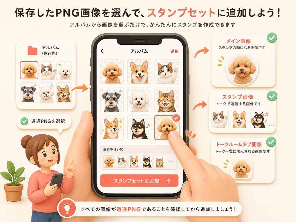 保存したPNG画像をスタンプセットに追加するイメージ