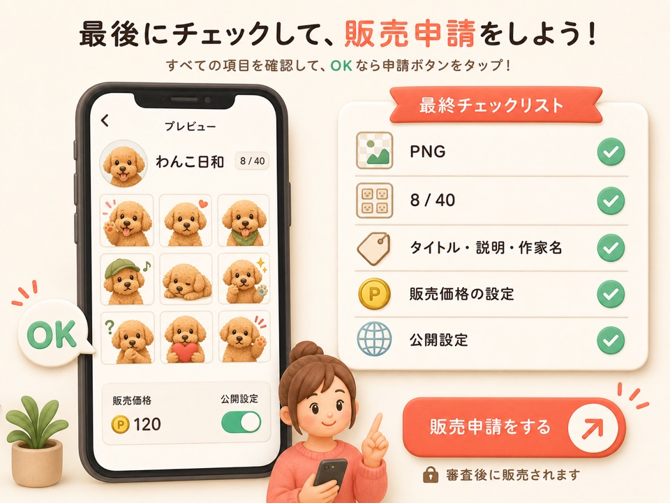 販売申請前にプレビューと最終チェックを行うイメージ